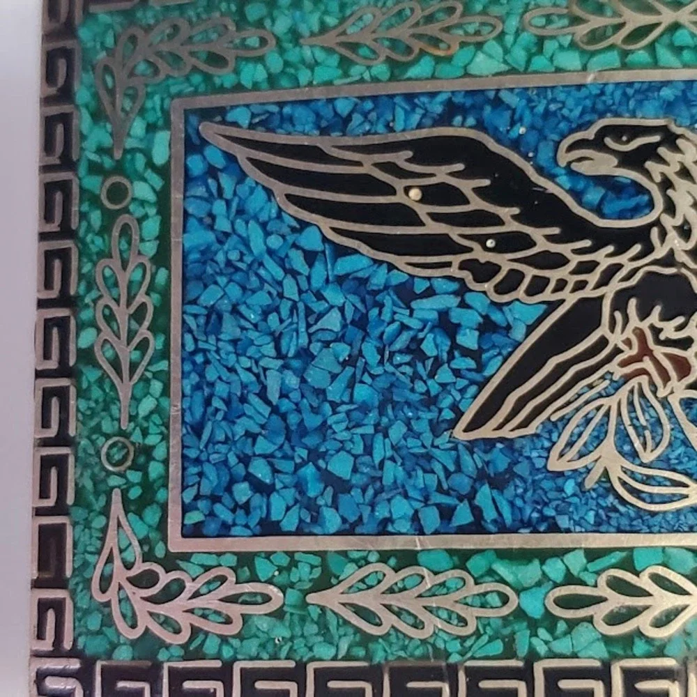 VTG Taxco Mexico Eagle Belt Buckle Turquoise Malachite Chip Inlay Silver Tone